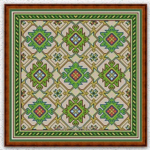 Puede incluir: Un patrón de punto de cruz enmarcado con un diseño geométrico en verde, rojo y amarillo sobre un fondo beige. El marco es marrón con un borde verde. El texto "INSTANT DOWNLOAD PDF" está en la parte inferior.