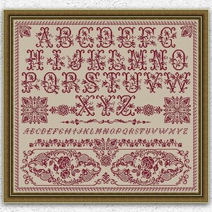 Floral monochrome quaker sampler cross stitch pattern Roses vintage embroidery design Flowers alphabet counted xstitch chart #S308*