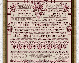 Fruits quaker sampler counted cross stitch pattern Monochrome Grapes Vine Leaves embroidery design Alphabet Letters xstitch chart PDF #S91