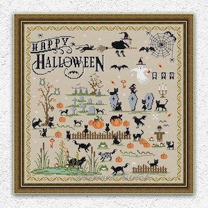 Cats Halloween cross stitch pattern Black cats Witch Ghost Bats Pumpkins embroidery Spooky Halloween primitive cross stitch sampler #S313
