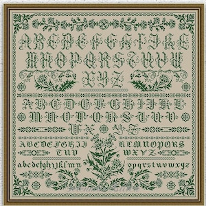 Puede incluir: Un patrón de punto de cruz con un alfabeto verde en una fuente tradicional. El patrón incluye un diseño floral en un esquema de color verde y blanco. El patrón está enmarcado en un marco marrón.