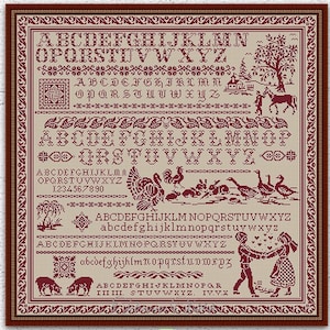 Village quaker sampler cross stitch pattern Quaker country x stitch Farmhouse sampler Monochrome embroidery chart Instant PDF download #300