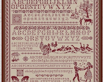Schema punto croce per il campione quacchero del villaggio Schema punto croce per il campione quacchero del paese x Schema ricamo monocromatico per il campione della fattoria Download PDF immediato #300