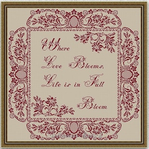 Zwart-wit liefdescitaat kruissteekpatroon bloemen sampler vintage borduurontwerp bloemen lelies ornament geteld xstitch-diagram #S275*