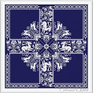 May include: A framed cross-stitch pattern with a navy blue background and white floral and animal motifs. The design features deer, floral elements, and geometric patterns. The text "INSTANT DOWNLOAD PDF" is at the bottom.