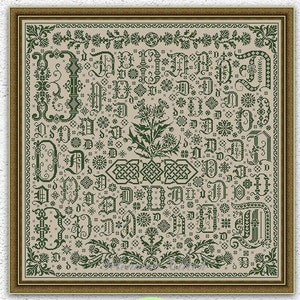 Patrón de punto de cruz con letras monocromáticas Muestrario de la letra inicial D Monograma bordado vintage Cardo Adorno de nudo celta Gráfico de puntada xstitch #S334