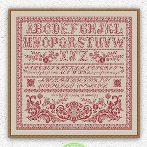 Flower quaker sampler cross stitch pattern Floral antique ornament embroidery design Alphabet sampler xstitch chart Digital download #378