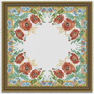 Roter Blumenkranz Kreuzstichmuster Blumen vintage Stickmuster Blaue Gänseblümchen Kreuzstichvorlage Kreuzstich #S162*