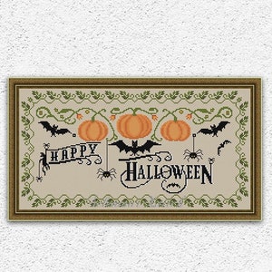 Halloween pumpkins and bats cross stitch pattern Happy Halloween sampler embroidery Black cat Spiders xstitch Primitive cross stitch #S315