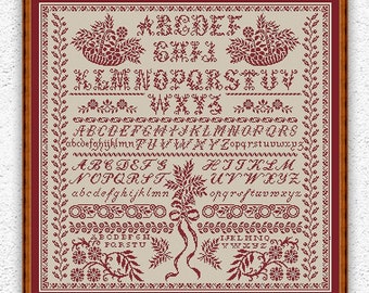 Floral monochrome cross stitch pattern Flowers quaker sampler embroidery design Letters cross stitch Leaves ornament xstitch chart #S123