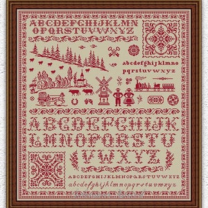 Rustic monochrome cross stitch pattern Village sampler embroidery Mill cross stitch Country primitive xstitch chart #S361