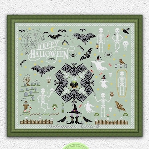 May include: A cross-stitch pattern featuring a spooky Halloween scene with bats, ghosts, skeletons, a cauldron, and a witch. The pattern is surrounded by a green frame and includes the text "Happy Halloween".
