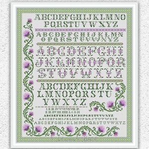 Schotse distel kruissteekpatroon Quaker sampler borduurwerk Bloemen Letters Alfabet kruissteek Bloemenornament x-steekkaart #S126