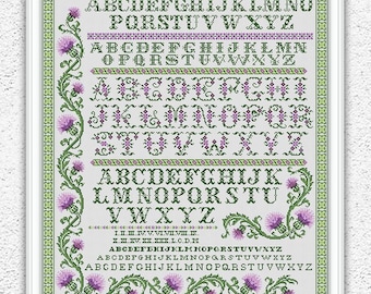 Scottish thistle cross stitch pattern Quaker sampler embroidery Flowers Letters Alphabet cross stitch Floral ornament xstitch chart #S126