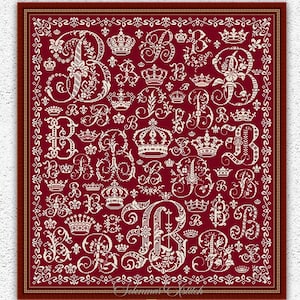 Monochrome antique letter B sampler cross stitch pattern Crown Monogram embroidery Vintage letter cross stitch Initial counted xstitch #S510