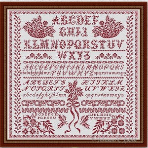 Motif floral monochrome au point de croix Motif de broderie fleurs quaker sampler Lettres au point de croix Feuilles ornement xstitch chart # S123