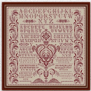 May include: A cross-stitch pattern featuring a vintage alphabet design with ornate floral embellishments. The letters are in a traditional font and are surrounded by intricate details. The pattern is in shades of red and white on a beige background.