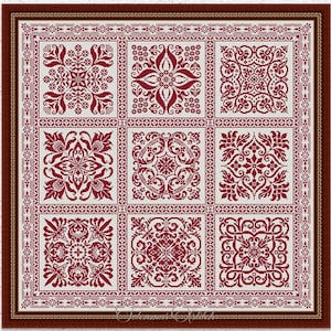 May include: A framed cross-stitch pattern featuring nine squares with intricate red floral and geometric designs on a light background. The frame is dark brown. The text "INSTANT DOWNLOAD PDF" is at the bottom.