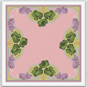 Florales Kreuzstichmuster Jugendstil violette Blumen Stickdatei Kissen Muster #S447