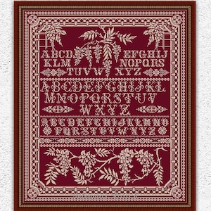 Floral quaker sampler cross stitch pattern Monochrome alphabet cross stitch Vintage embroidery Flowers letters counted xstitch chart #S282*