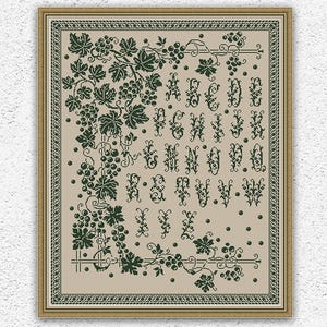 Puede incluir: Patrón de punto de cruz con un alfabeto vintage con vides y racimos de uvas. El alfabeto es de color verde oscuro sobre un fondo beige. El patrón está enmarcado en un marco marrón.