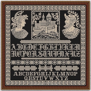Monochrome medieval quaker sampler cross stitch pattern Knight Lady Castle counted embroidery #336