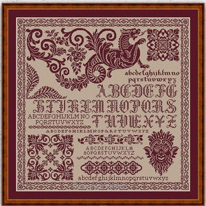 Dragon monochrome cross stitch pattern Quaker cross stitch Wyvern dragon embroidery Antique alphabet sampler counted xstitch chart #S100