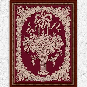 Bloemenmand zwart-wit kruissteekpatroon rozenboeket vintage borduurontwerp Victoriaanse bloemen sampler geteld xstitch-diagram #S404