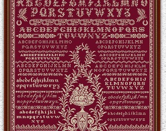 Monochrome quaker sampler cross stitch pattern Fruits cross stitch Vintage alphabet embroidery design Antique counted xstitch chart #S84*