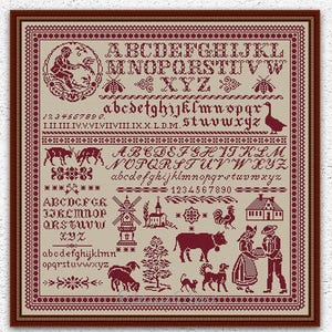 Rustic monochrome cross stitch pattern Quaker cross stitch Farmhouse animals embroidery Country village sampler counted xstitch #301*