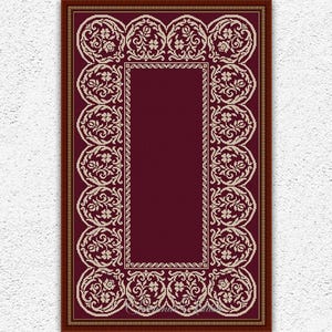 May include: A framed cross-stitch pattern with a burgundy center and an ornate cream-colored border. The border features floral and scroll designs. The frame is a dark brown color. The text "INSTANT DOWNLOAD PDF" is at the bottom.