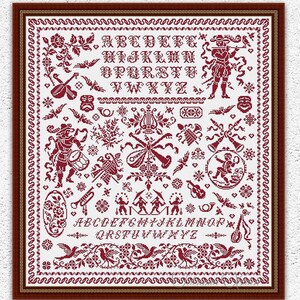 May include: A framed cross-stitch pattern in burgundy and white, featuring musical instruments, figures, and floral motifs. The design includes the alphabet and the text "INSTANT DOWNLOAD PDF". The frame is a dark brown color.