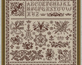 Monochrome Jagd Kreuzstich Stickmuster Vintage Quäker Stickmuster Stickdatei Deer Hunt Stickdatei #S498