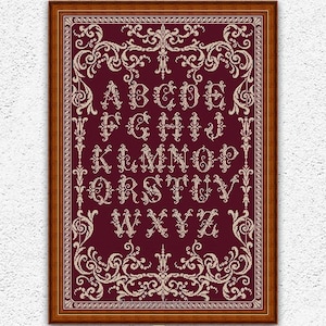 Monochrome alphabet sampler cross stitch pattern Floral letters embroidery Monochrome cross stitch Antique counted xstitch chart #S119
