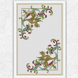 Medieval griffin counted cross stitch pattern Heraldic border embroidery design Antique cross stitch Mythical creature xstitch chart #S442