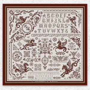 May include: A cross-stitch pattern featuring an alphabet, numbers, and decorative elements in shades of brown on an off-white background. The design includes winged horses, floral motifs, and a decorative border, all within a brown frame. The text "INSTANT DOWNLOAD PDF" is visible.