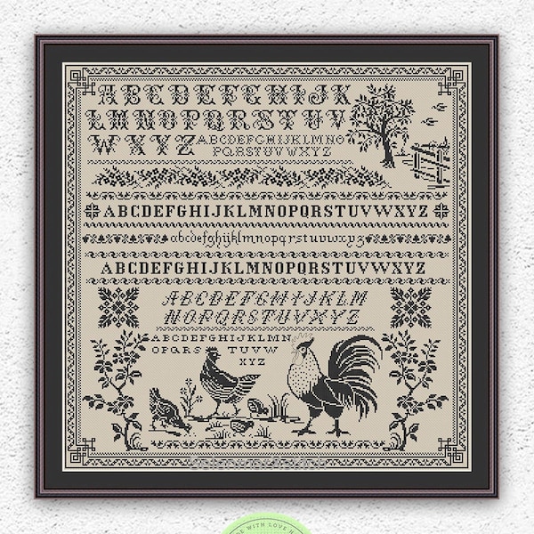 Rooster and chickens cross stitch pattern Country quaker sampler embroidery Alphabet cross stitch Monochrome village xstitch chart #S99