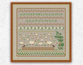 Sheep in the meadow counted cross stitch pattern Country primitive cross stitch Alphabet sampler embroidery Ewes Sheep xstitch chart #1005