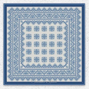 May include: A framed cross-stitch pattern in shades of blue, featuring intricate geometric and floral designs. The pattern is square, with a detailed border and central repeating motifs. The text "INSTANT DOWNLOAD PDF" is visible at the bottom.