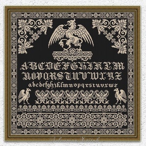 Griffon quaker sampler counted cross stitch pattern Griffin cross stitch Monochrome embroidery design Antique style xstitch chart #S149*