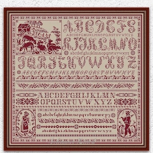 Rustic quaker sampler cross stitch Farmhouse embroidery Country animals Village cross stitch Leafy alphabet sampler xstitch chart #S41