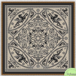 May include: A framed cross-stitch pattern featuring a symmetrical design with black mythical creatures and floral elements on a beige background. The artwork is framed in a brown wooden frame with a black border. The text "INSTANT DOWNLOAD PDF" is at the bottom.
