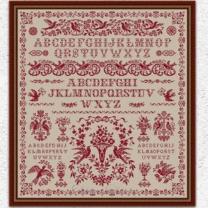 Peut inclure: Un motif de point de croix avec un fond beige et une bordure et un motif rouge foncé. Le motif comprend des motifs floraux et d'oiseaux, ainsi que l'alphabet. Le texte "INSTANT DOWNLOAD PDF" est en bas.