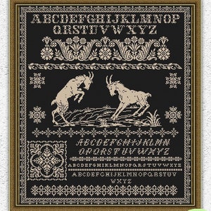 Ziegen Monochrom Kreuzstichmuster Quäker Kreuzstich Stickmuster mit zwei Bergziegen Alphabet Stickmuster Stickvorlage #S164
