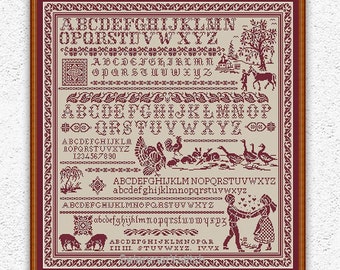Village quaker sampler cross stitch pattern Quaker country x stitch Farmhouse sampler Monochrome embroidery chart Instant PDF download #300