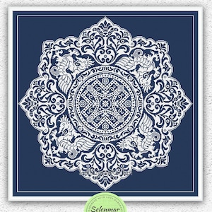 Dragones monocromos contados patrón de punto de cruz Adorno antiguo floral Diseño de bordado cuadrado Muestra de almohada xstitch chart #S39