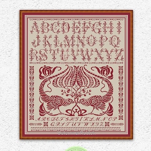 Pheasants quaker sampler cross stitch pattern Bird cross stitch Alphabet sampler embroidery design Antique ornament xstitch chart #148