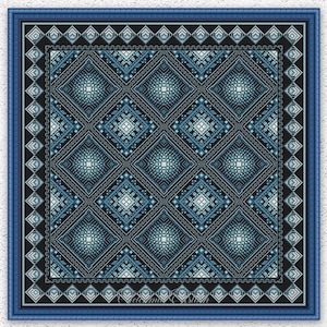 Könnte beinhalten: Ein gerahmtes Kreuzstichmuster mit einem geometrischen Design in Blau- und Schwarztönen. Das Muster enthält Rautenformen und detaillierte Bordüren. Der Text "INSTANT DOWNLOAD PDF" ist unten sichtbar.