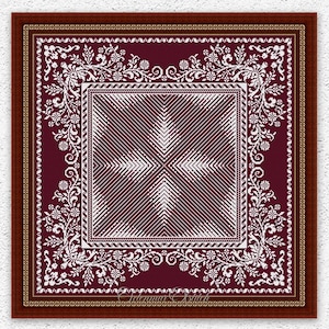 May include: A framed cross-stitch pattern with a burgundy background and white floral and geometric designs. The pattern features a central square with a starburst design and is surrounded by ornate borders. The text "INSTANT DOWNLOAD PDF" is at the bottom.