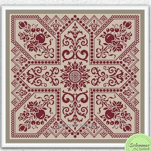 May include: A cross stitch pattern featuring a geometric design with a central flower motif and four corner designs with floral and fruit elements. The pattern is in shades of red and beige.
